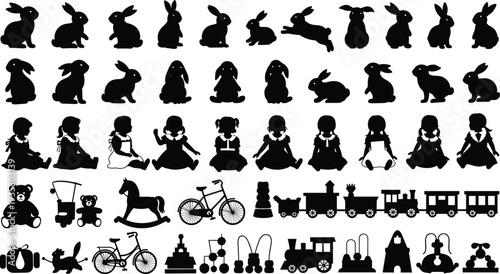 Black silhouette of children collection with cute rabbits sitting girls and vintage toys like rocking horse bicycle and steam train vector illustration