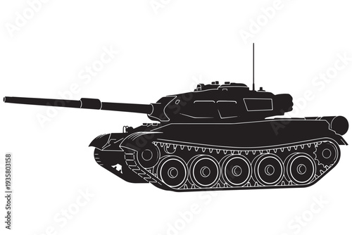 A black silhouette of a military tank with a long gun barrel on a white background