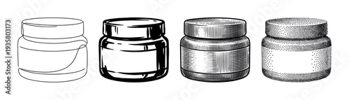 Four distinct black and white illustrated glass jars are depicted in various artistic styles, showcasing line art, bold outlines, intricate hatching, and delicate stippling textures