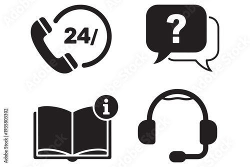 A set of customer service icons including a 24 hour hotline, a question mark in a speech bubble, an open book with an information symbol, and a headset.
