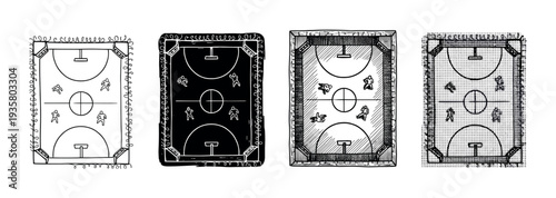 Four basketball court illustrations in different styles showing a top-down view of a game plan, including line art, inverted, hatched, and halftone graphic variations