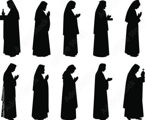 Christian nun praying silhouettes collection, Catholic religious women prayer poses with rosary and cross, faith spirituality vector illustration