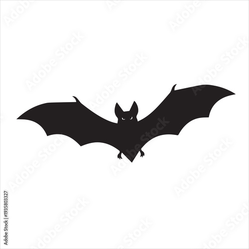 This vector illustration depicts a bat with its wings spread, in a silhouette, against a white background.