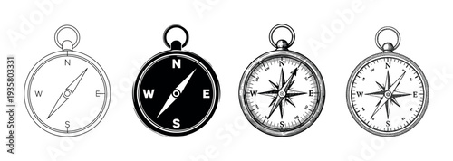 Set of four vintage style compasses illustrated in black and white, with designs ranging from minimalist line art to an ornate engraved compass rose for navigation