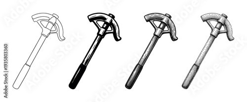 Four conduit bender hand tools illustrated in a set of different monochrome graphic styles including outline, solid, engraving, and stippling for technical design