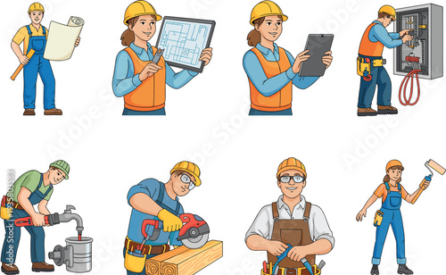 construction worker illustration set, builder engineer characters with tools, contractor technician professions vector collection