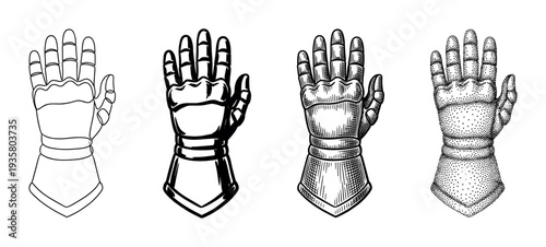 Set of four medieval knight gauntlets illustrated in various artistic styles including line art, hatching, stippling, and solid ink for a vintage, hand-drawn aesthetic