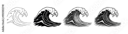 Set of four ocean wave illustrations in different artistic styles, including line art, silhouette, engraving, and stippling, in a vintage hand-drawn monochrome design