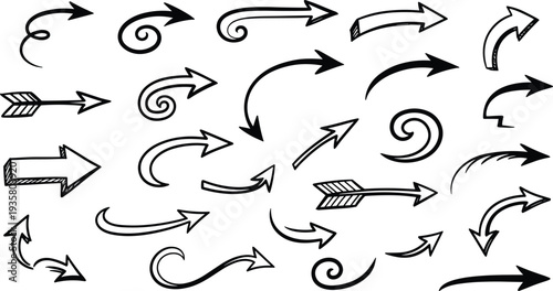 Hand drawn arrows, sketch designs, directional indicators, curved lines, spiral shapes, zigzag arrows, textured styles, graphic elements, creative illustration artwork