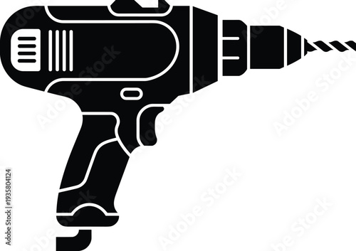 Electric drill silhouette tool, cordless power drill with rotating bit, construction repair equipment vector illustration isolated design