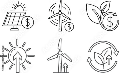Sustainable economic growth concepts and green investment opportunities, illustrating financial benefits in renewable energy like solar and wind power for environmental development
