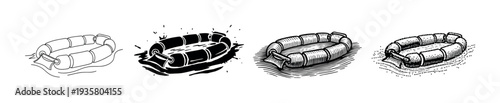 Set of four inflatable life raft illustrations in various hand-drawn styles, including line art, silhouette, engraving, and stippling for a vintage, graphic look
