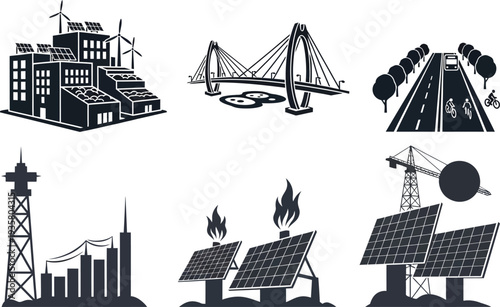 Diverse urban infrastructure and energy icons, from renewable power generation to sustainable transportation and industrial development, essential for climate impact assessment and future planning