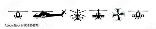 Six black military helicopter silhouette icons in a minimalist vector style, showcasing various perspectives including front, side, and top-down views