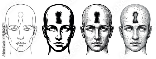 Four conceptual illustrations of a human head with a keyhole on the forehead, showcasing a progression of artistic styles from line art to engraving and stippling