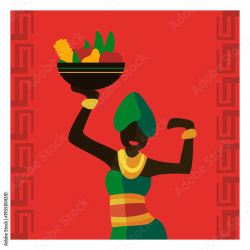 Bilde på lerret Kwanzaa illustration woman with fruit bawl dancing