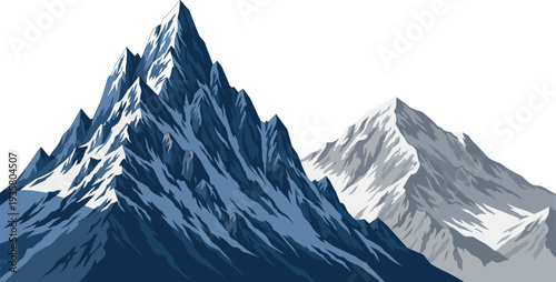 Snowy mountain peaks landscape illustration with dramatic alpine range, majestic winter mountains scenery for travel adventure nature background flat vector