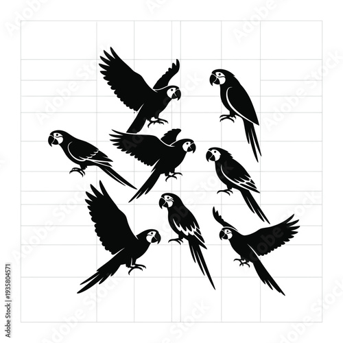 Silhouettes of flying parrots arranged on a grid