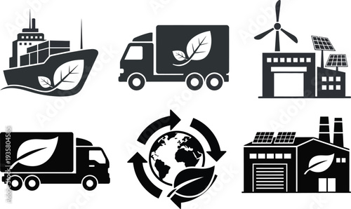 Sustainable logistics and eco-friendly industry symbols including a ship, truck, wind turbine, factory, and recycle logo with leaves