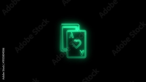 Glowing Green Neon Ace of Hearts Playing Cards Stack Animation Background Black
