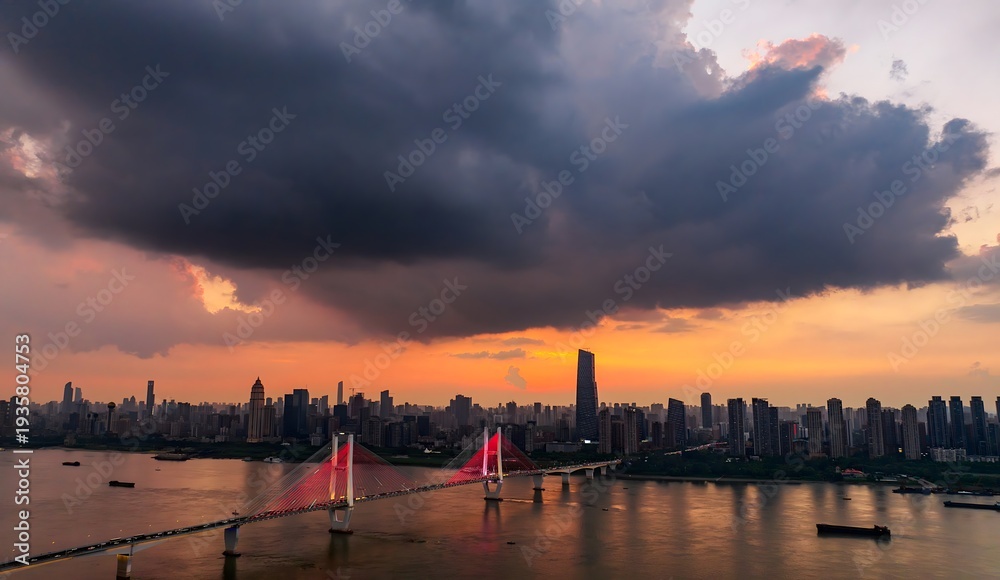 Fototapeta premium Second Yangtze River Bridge Evening Cityscape View