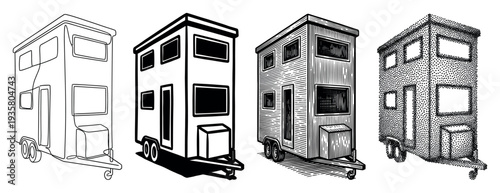 Set of four tiny houses on wheels illustrated in different artistic styles including continuous line, solid graphic, engraving, and stippling for a minimalist living concept