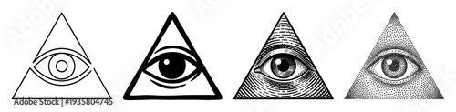 Set of four all-seeing eye symbols inside triangles presented in various artistic styles like simple line art, bold ink, detailed engraving, and stippling