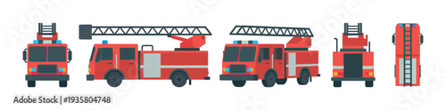 Red fire truck illustration set showing multiple views including front, side, back, top, and isometric for emergency vehicle concepts in a flat vector cartoon style