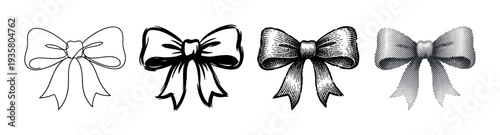 Set of four black ribbon bows illustrated in various graphic styles, showing a collection of line art, brush stroke, vintage engraving, and halftone dot pattern designs