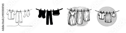 Set of clothes on a clothesline illustrations in four different graphic styles including continuous line art, black silhouette, vintage engraving, and stippling dot work