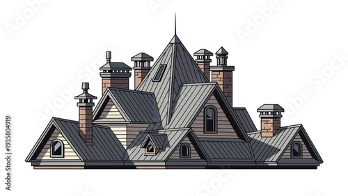 Roof Architecture with Chimneys.