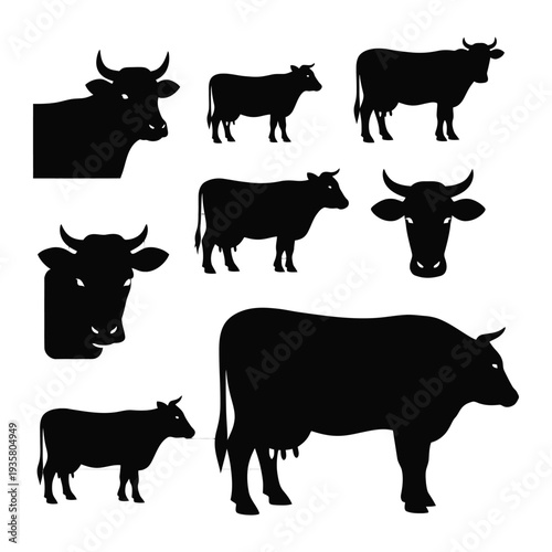 Silhouettes of cows in various poses and sizes