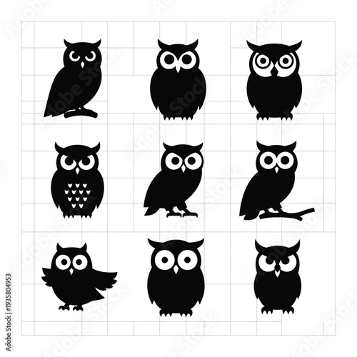 Set of black silhouettes of owls on white background