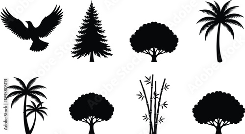 Nature silhouette set with flying bird, palm trees, bamboo and forest trees, tropical botanical vector illustration collection isolated