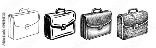 Set of four black briefcase illustrations showing a progression of artistic styles from simple line art and sketch to detailed engraving and stippling dot work