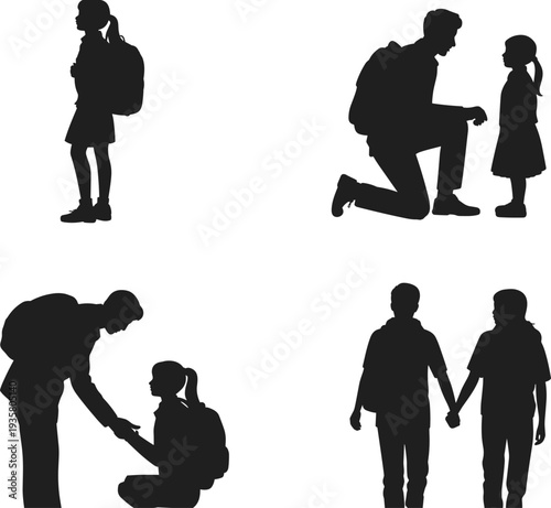 Father and children silhouettes collection, parenting moments with dad helping kids, family love care vector illustration set