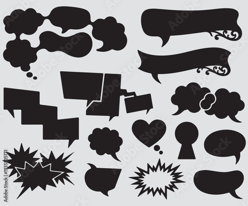 This image displays a collection of speech bubbles and thought clouds commonly used in graphic design and comic strips. speech bubble comic