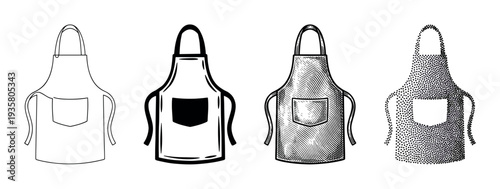 Four black and white kitchen apron illustrations in a collection of different graphic styles, including line art, engraving, stippling, and silhouette for cooking or crafting concepts
