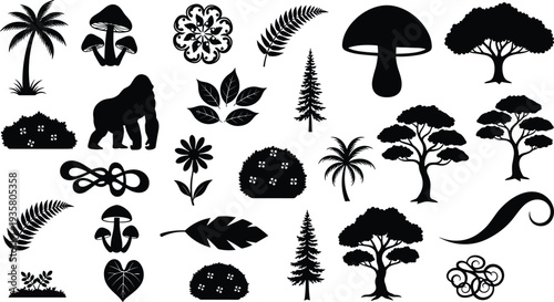 Nature silhouette collection with trees, leaves, mushrooms, flowers, palm trees and decorative elements, botanical vector illustration set