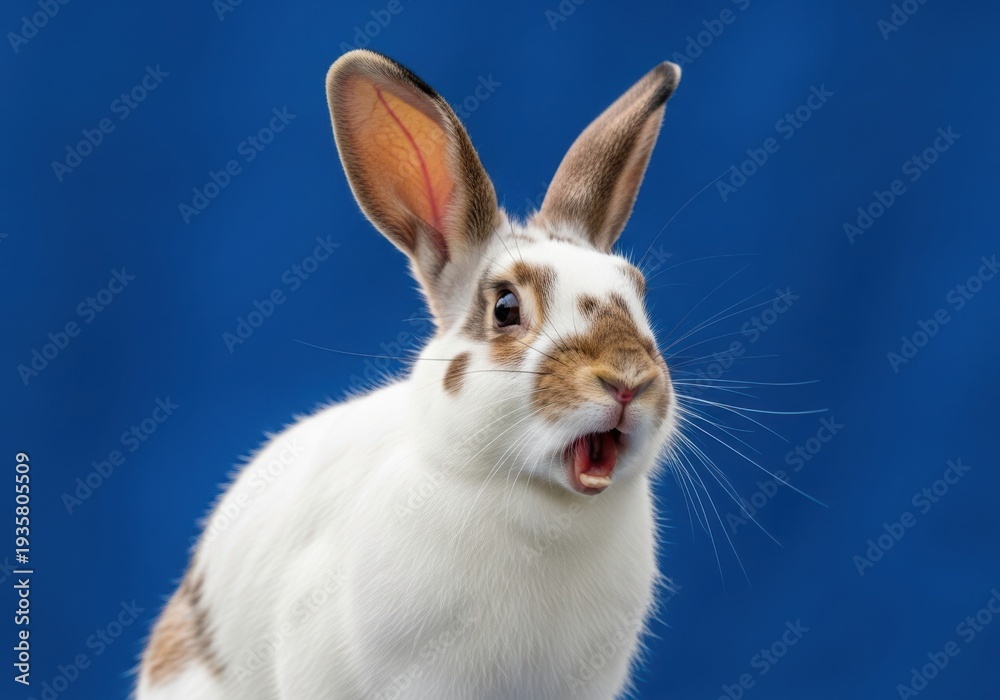 Obraz premium A white and brown rabbit with its mouth open