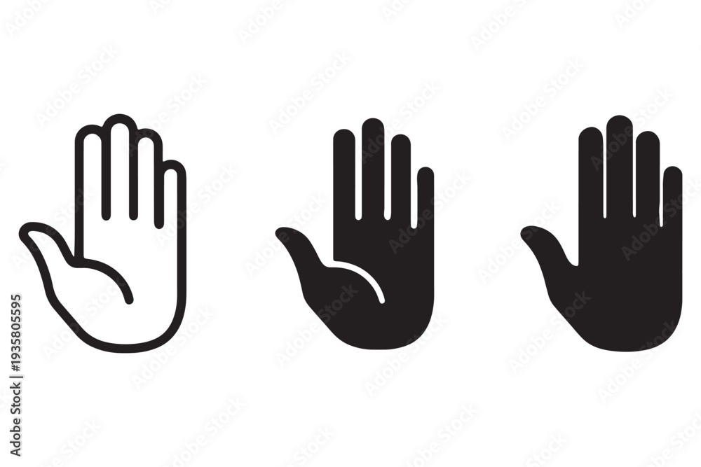 Fototapeta premium Three black and white hand icons with palms facing outward in a stopping or rejecting gesture on a plain white background.
