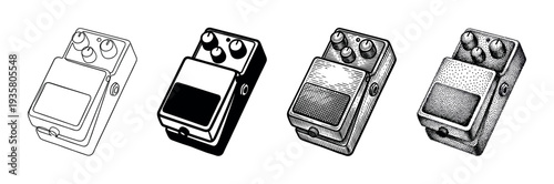 Guitar effect pedal collection illustrated in four distinct black and white styles: outline, solid shape, vintage engraving, and detailed stippling for graphic design