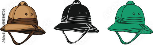 Safari explorer pith helmet set, vintage expedition hats collection, jungle adventure travel gear icons, classic explorer headwear vector illustration