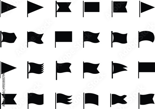 flag silhouettes icon set, waving banner symbols collection, black flag shapes vector illustration design elements