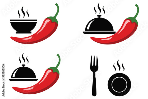 A set of icons featuring red chili peppers and various cooking utensils and dishes on a white background