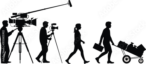 film crew silhouettes with camera equipment, video production team working on set, cinematography filmmaking vector illustration