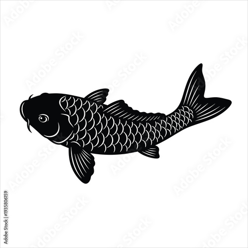 Black koi fish silhouette, elegant oriental vector graphic isolated on white