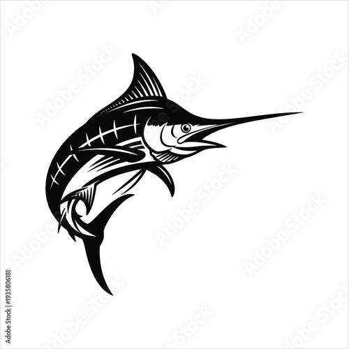 Black marlin fish silhouette isolated on white background sports fishing