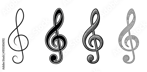 Four black and white treble clef musical note icons showing different artistic styles including simple outline, bold silhouette, engraved woodcut, and dotted pointillism