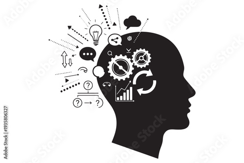 A black silhouette of a human head with creative and analytical symbols emerging from it, representing innovative thinking and problem-solving.